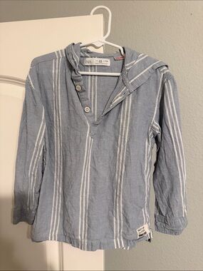 Zara Light Blue & White Striped Hooded Pullover Top